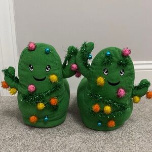 American Eagle Green Cactus Christmas Slippers with Colorful Pom Poms